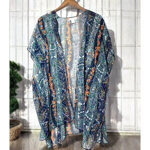 Band of Gypsies Short Sleeve Kimono Boho Paisley Floral Print Blue Orange Sm/Med